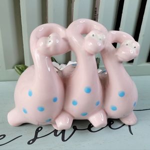 Fitz & Floyd Happy Brontosaurus Dinosaur Pink and Blue Dot Toothbrush Pen Holder
